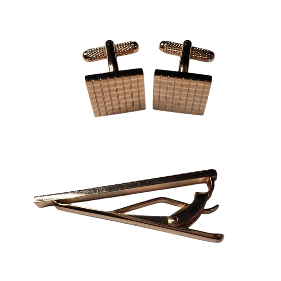 Cufflinks and Tie Clip Set Rose Gold Tone Metal Wedding Formal Tux - Picture 3 of 9